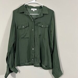 Callighraphie Women Green Button Up Long Sleeve Collared Pocket Shirt Size S